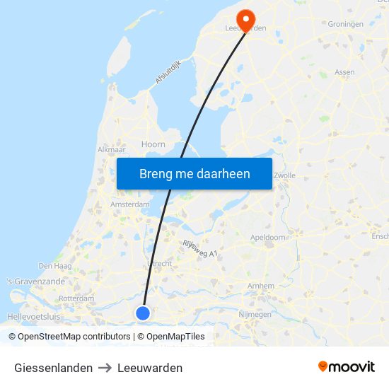 Giessenlanden to Leeuwarden map