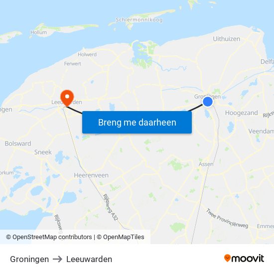 Groningen to Leeuwarden map