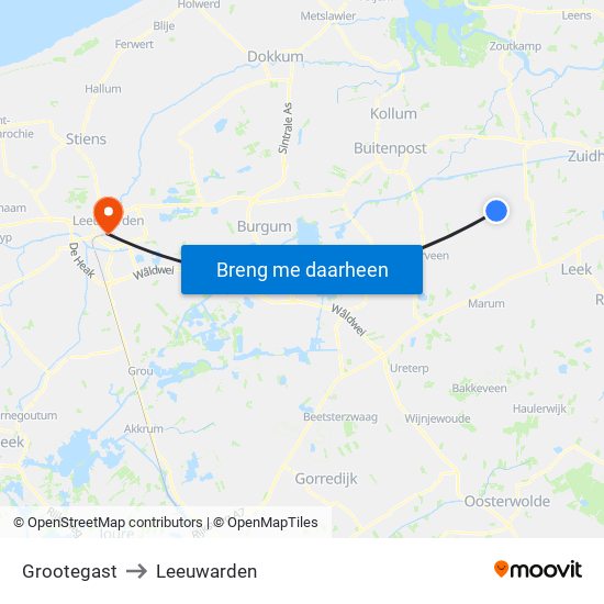 Grootegast to Leeuwarden map