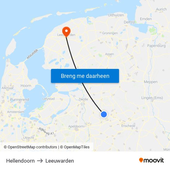 Hellendoorn to Leeuwarden map