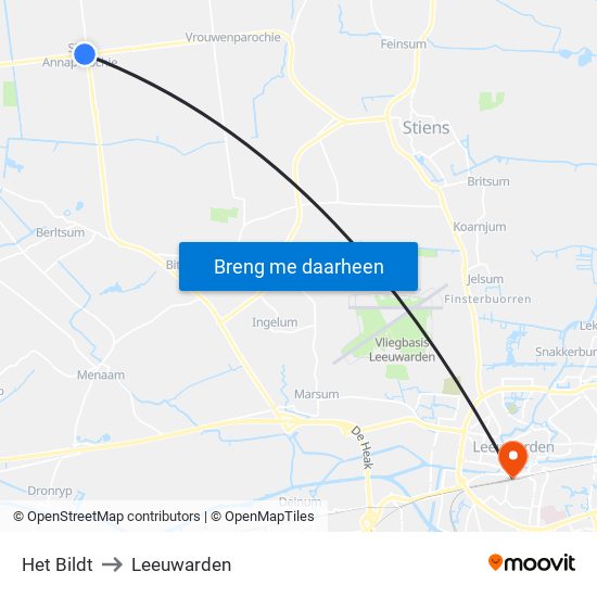 Het Bildt to Leeuwarden map