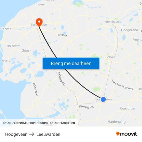 Hoogeveen to Leeuwarden map