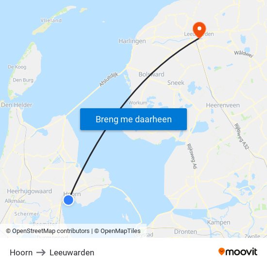 Hoorn to Leeuwarden map