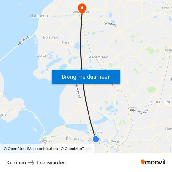 Kampen to Leeuwarden map