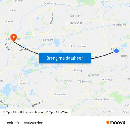 Leek to Leeuwarden map