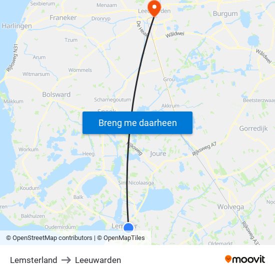 Lemsterland to Leeuwarden map