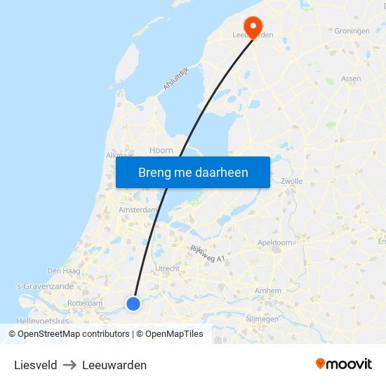 Liesveld to Leeuwarden map