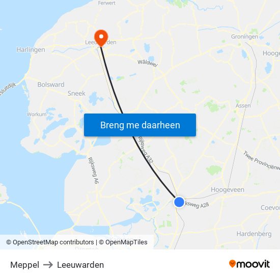 Meppel to Leeuwarden map