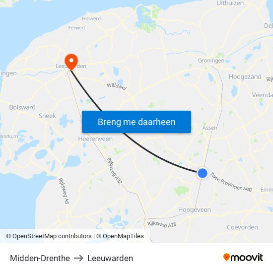 Midden-Drenthe to Leeuwarden map