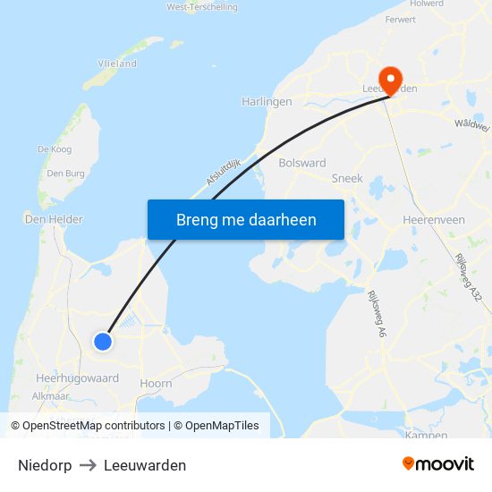 Niedorp to Leeuwarden map