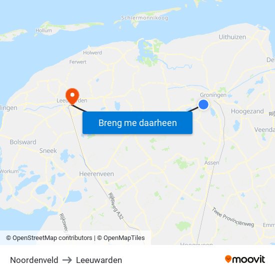 Noordenveld to Leeuwarden map