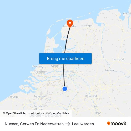 Nuenen, Gerwen En Nederwetten to Leeuwarden map