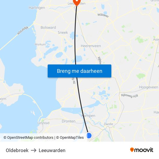 Oldebroek to Leeuwarden map