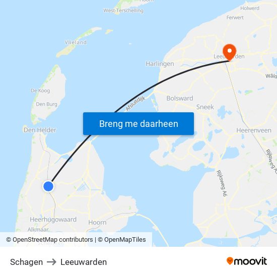 Schagen to Leeuwarden map