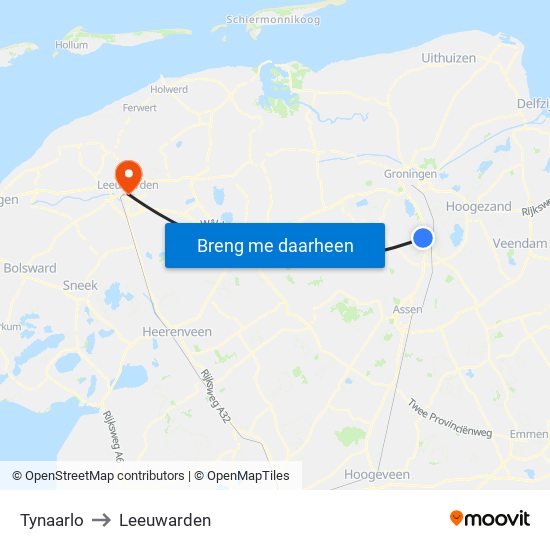 Tynaarlo to Leeuwarden map