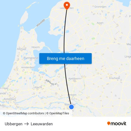 Ubbergen to Leeuwarden map