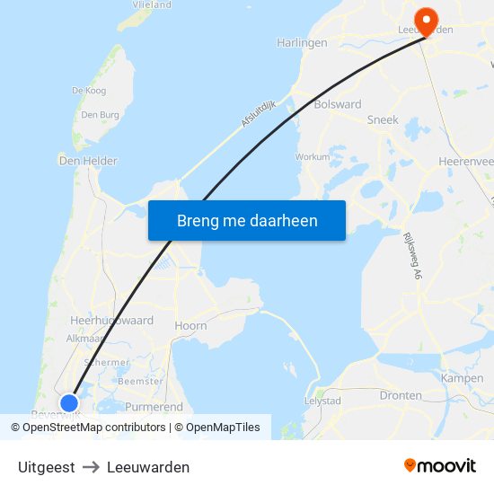 Uitgeest to Leeuwarden map