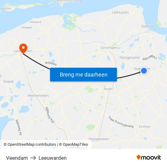 Veendam to Leeuwarden map