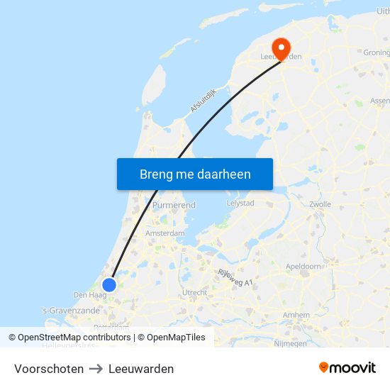 Voorschoten to Leeuwarden map