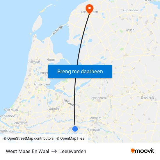 West Maas En Waal to Leeuwarden map