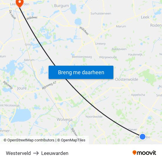 Westerveld to Leeuwarden map