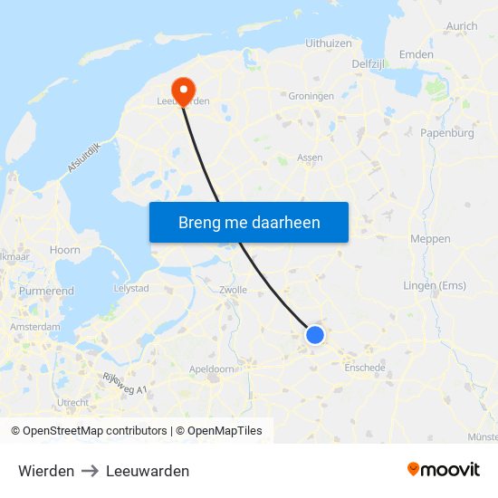 Wierden to Leeuwarden map