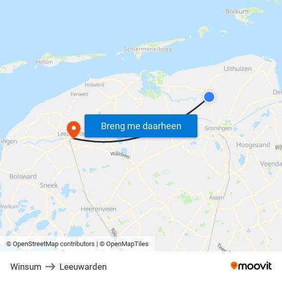 Winsum to Leeuwarden map