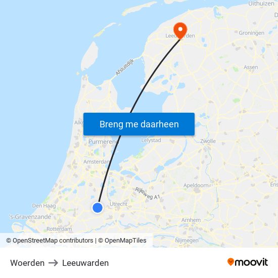 Woerden to Leeuwarden map
