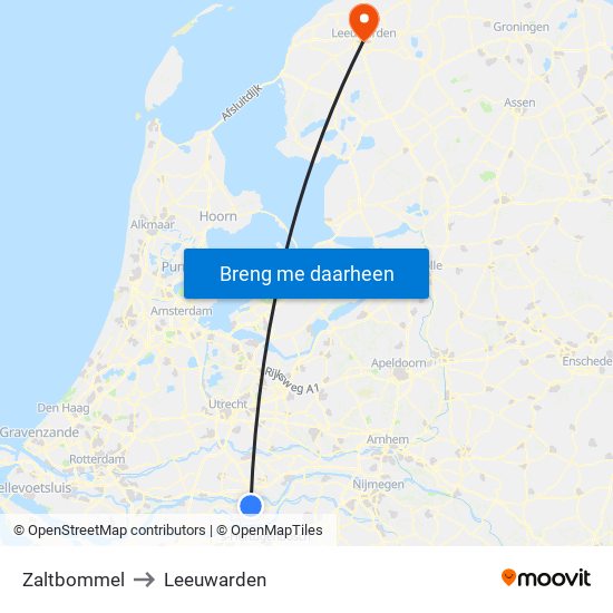 Zaltbommel to Leeuwarden map