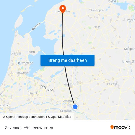 Zevenaar to Leeuwarden map
