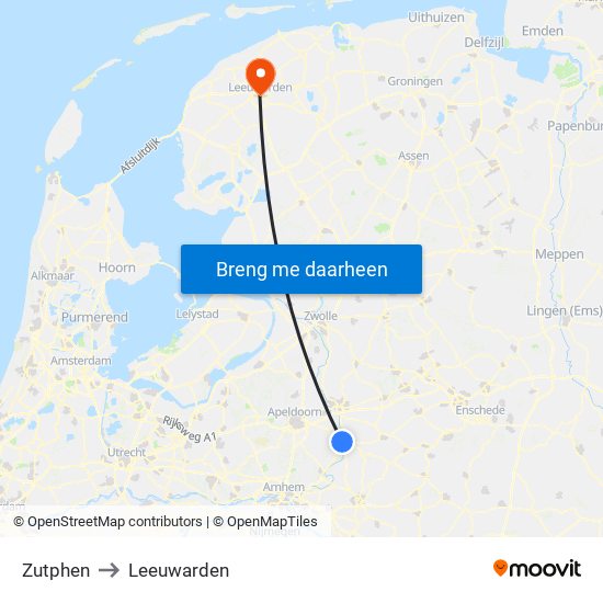 Zutphen to Leeuwarden map