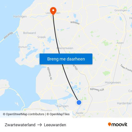 Zwartewaterland to Leeuwarden map
