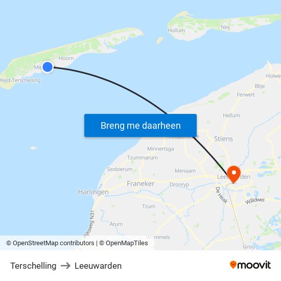 Terschelling to Leeuwarden map