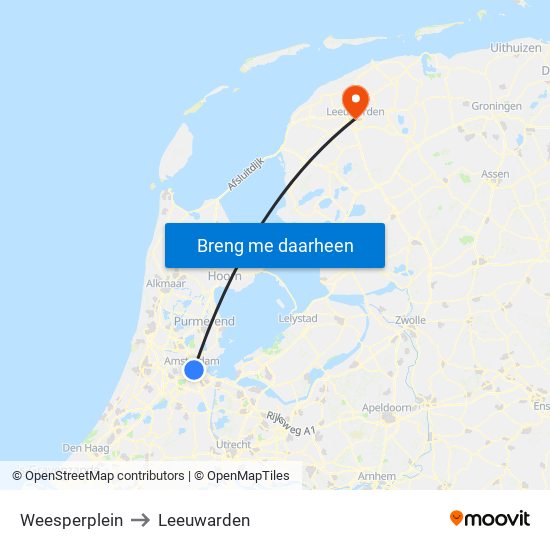 Weesperplein to Leeuwarden map