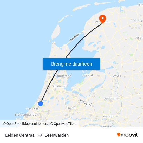 Leiden Centraal to Leeuwarden map