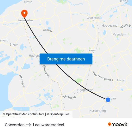 Coevorden to Leeuwarderadeel map