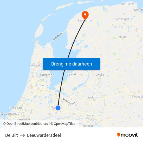 De Bilt to Leeuwarderadeel map