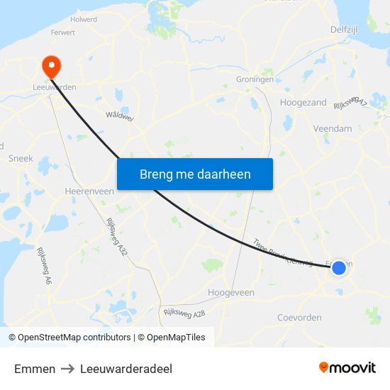Emmen to Leeuwarderadeel map
