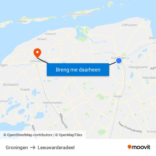 Groningen to Leeuwarderadeel map