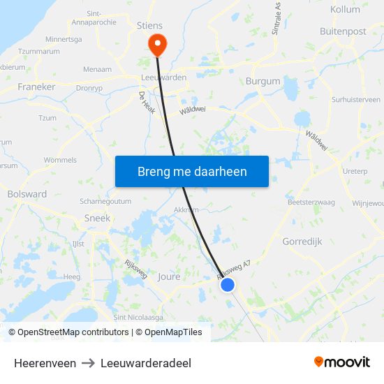 Heerenveen to Leeuwarderadeel map