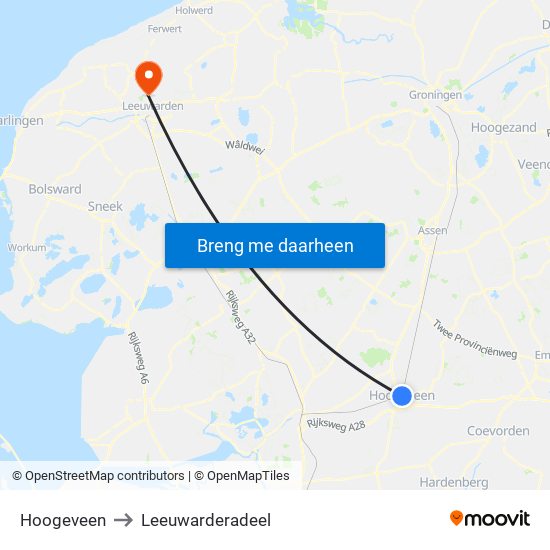 Hoogeveen to Leeuwarderadeel map