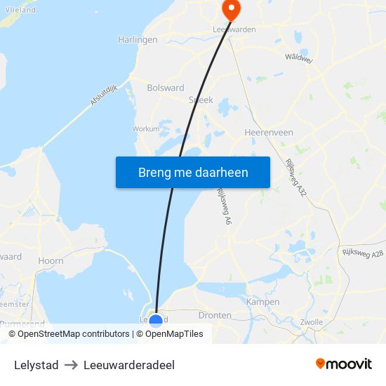 Lelystad to Leeuwarderadeel map