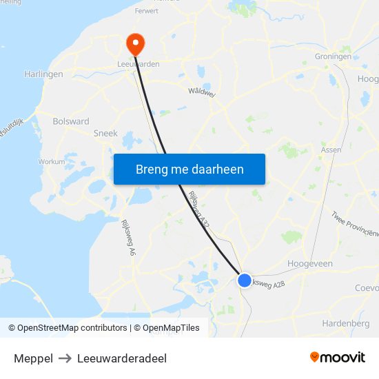 Meppel to Leeuwarderadeel map
