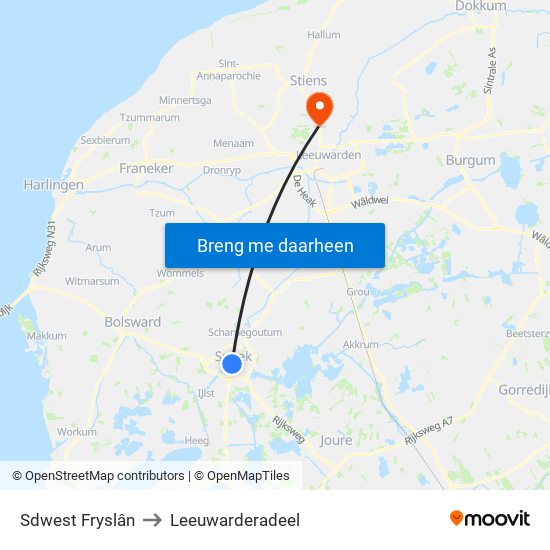 Sdwest Fryslân to Leeuwarderadeel map