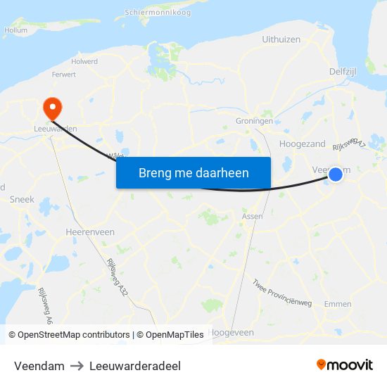Veendam to Leeuwarderadeel map