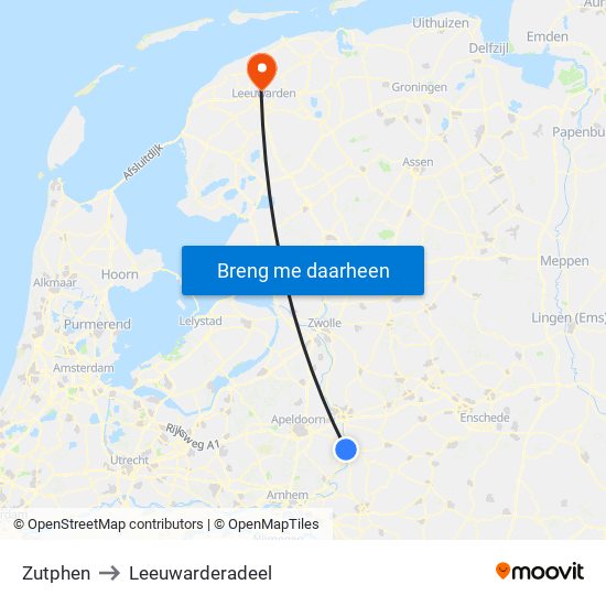 Zutphen to Leeuwarderadeel map