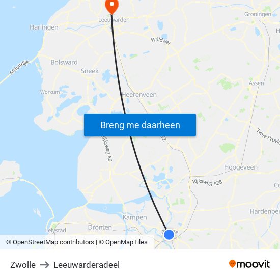 Zwolle to Leeuwarderadeel map