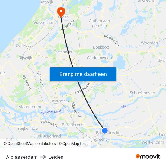 Alblasserdam to Leiden map