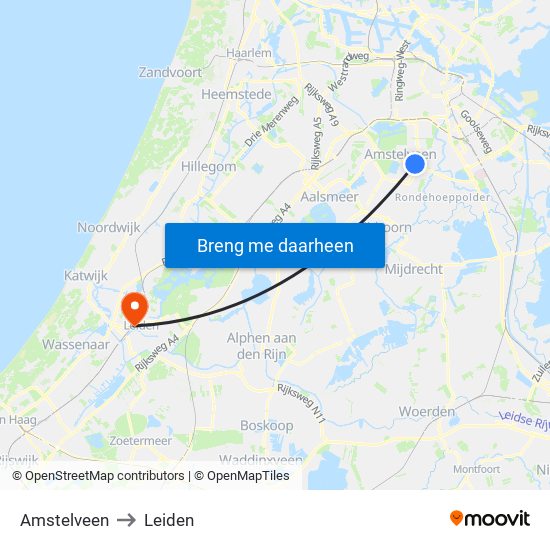 Amstelveen to Leiden map
