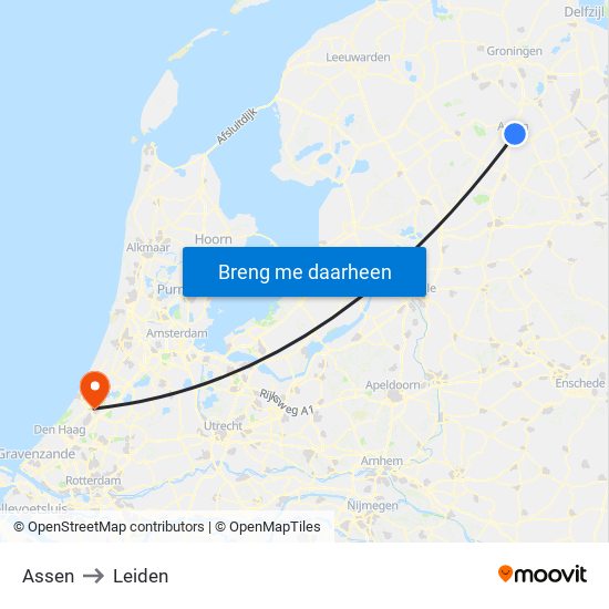 Assen to Leiden map